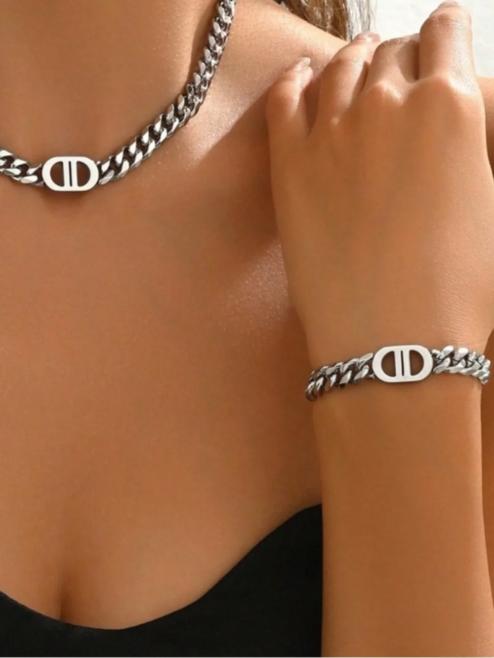 Silver Cuban Link Bracelet with Oval Emblem